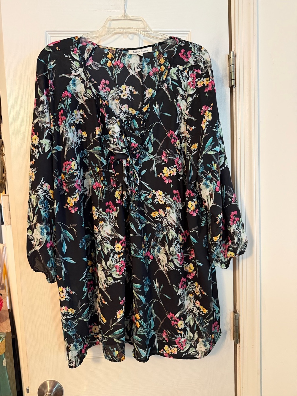 Black Rainn Black Blouse with Teal, Yellow and Pink Floral Print
